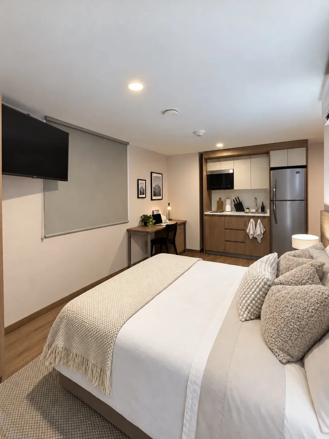 Loft amueblado en Nook Alameda: cama, escritorio y cocina