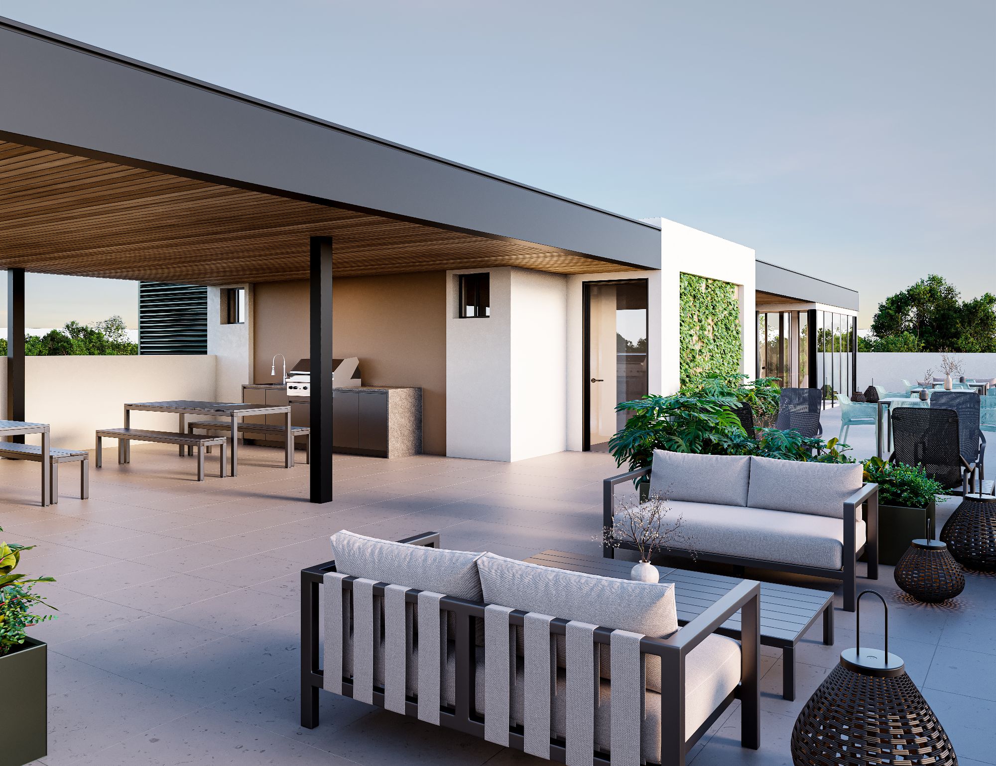Terraza y asadores en la azotea, render